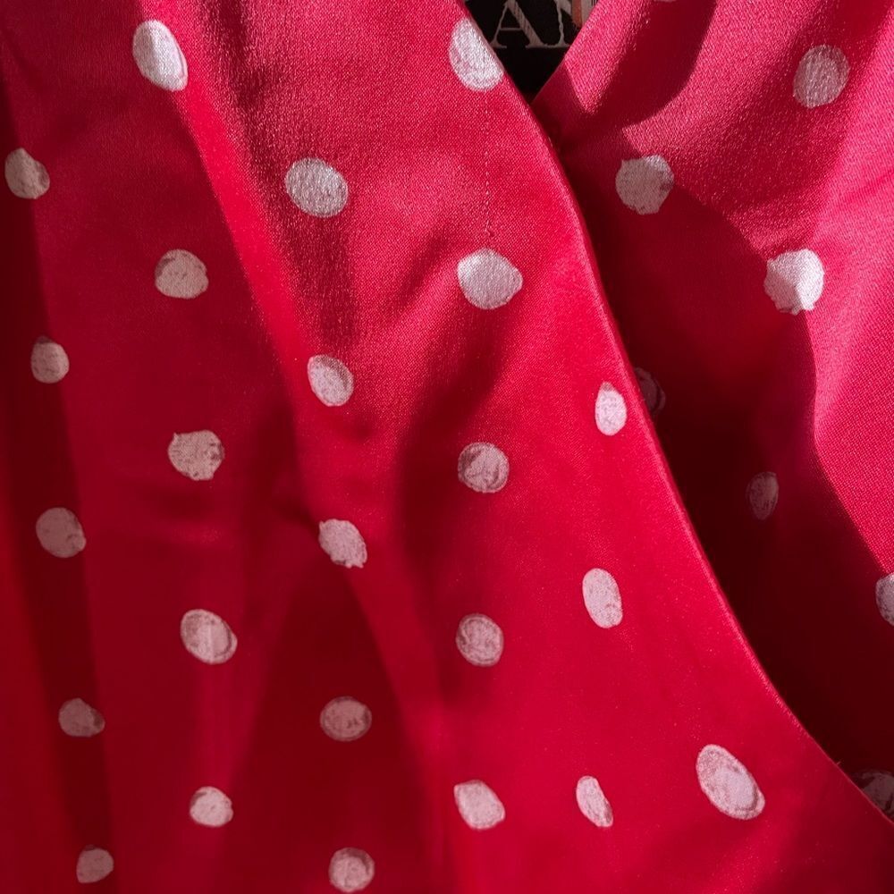 Haney Olivia Red Stretch Satin Polka Dot Handkerchief Hem Midi Dress 4 $890 - Picture 11 of 13
